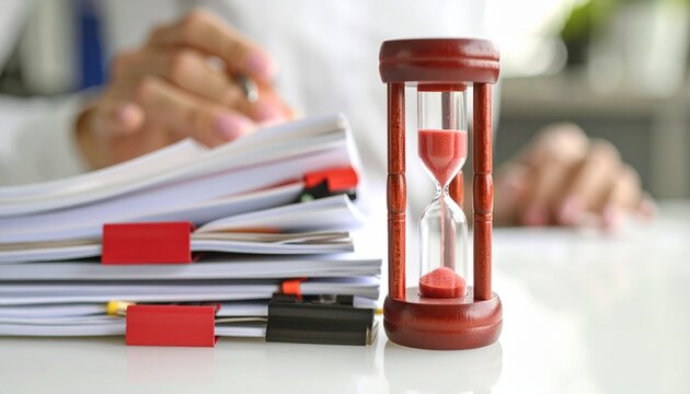 Time Management and Work Deadline Concept with Hourglass and Paperwork Stack