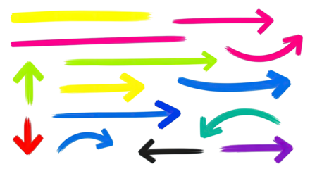 Colorful and energetic collection of hand-drawn arrow shapes with a brushstroke texture, including straight and curved designs on a transparent background