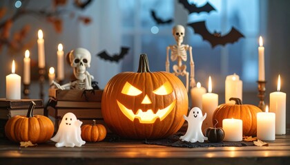 Obraz premium A festive Halloween setup featuring a glowing jack-o'-lantern, pumpkins, and spooky decorations. Lit candles add a warm, eerie glow to the scene, creating an atmosphere of anticipation and fright.