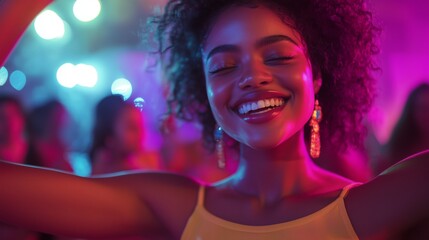 Naklejka premium Woman smiling and dancing in nightclub. Realistic video of a multi-ethnic celebration of colorful. A slow motion of dancers in red outfits. A woman grinning and moving rhythmically lifestyle in a.