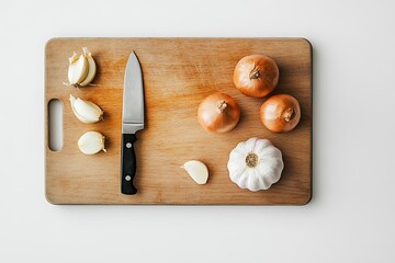 A wooden cutting board holding garlic, onions, and sharp knife.