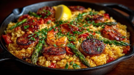 Delicious seafood and chorizo paella with fresh herbs and lemon