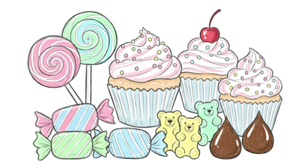 Cute collection of hand-drawn candy, cupcakes, lollipops, and gummy bears in soft pastel colors, perfect for sweet and playful designs