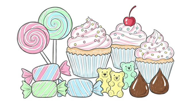 Cute collection of hand-drawn candy, cupcakes, lollipops, and gummy bears in soft pastel colors, perfect for sweet and playful designs