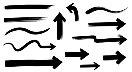 Abstract set of hand-drawn black arrows and brush strokes with a grunge, textured effect on a transparent background for graphic design projects