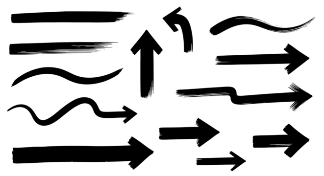 Abstract set of hand-drawn black arrows and brush strokes with a grunge, textured effect on a transparent background for graphic design projects