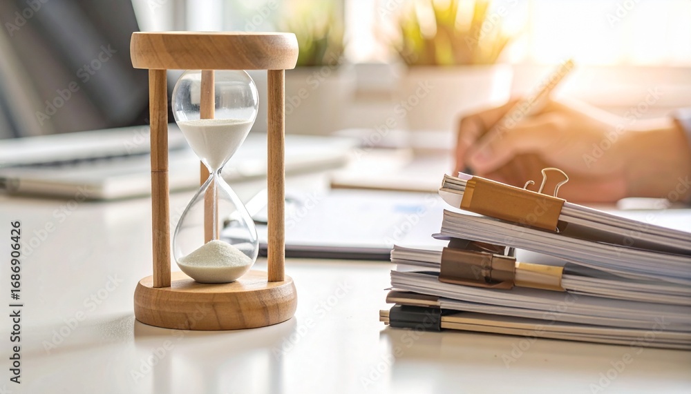 Poster hourglass resting on a desk with a pile of documents and person hand writing in background
