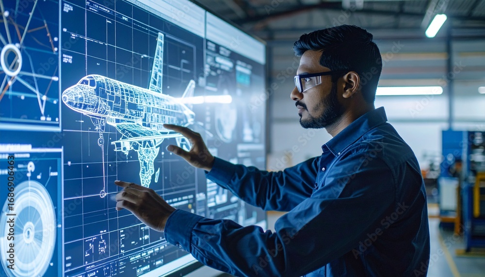 Poster an engineer working on an interactive display featuring aircraft design plans, showcasing innovation