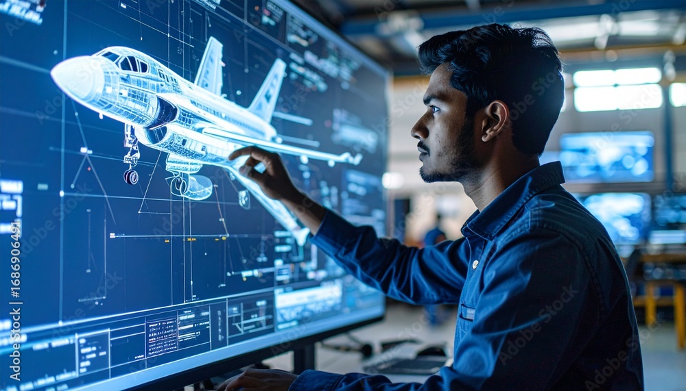 Poster an engineer works on the design of a futuristic aircraft on the large display