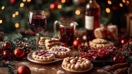 Festive christmas dessert spread with red wine and holiday decorations. National Mincemeat Day