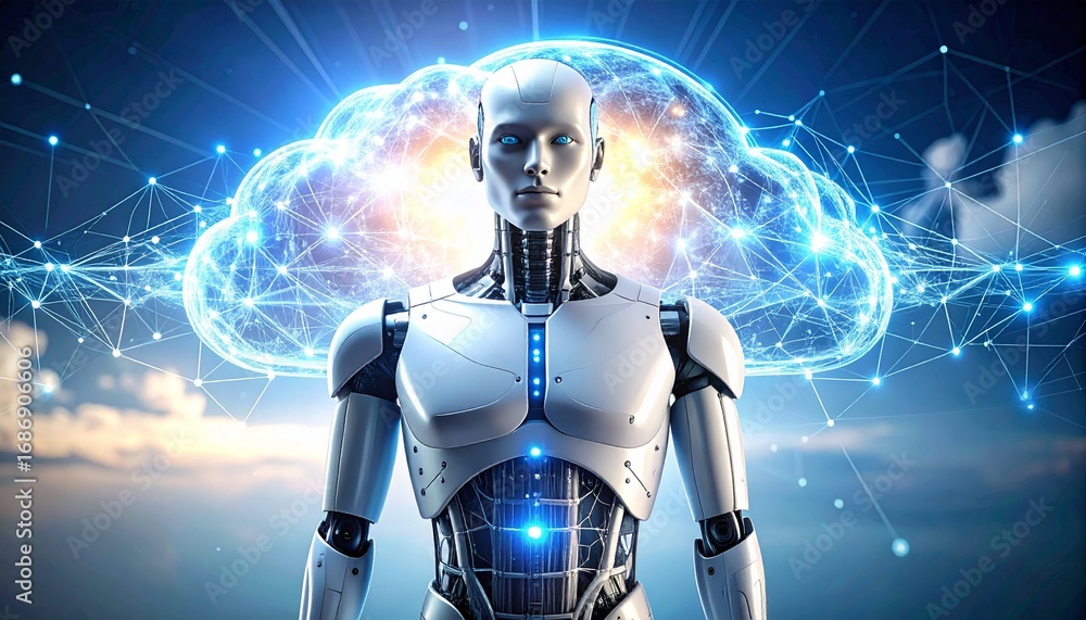 Poster a futuristic cyborg robot against a digital cloud network background, symbolizing technology and inn