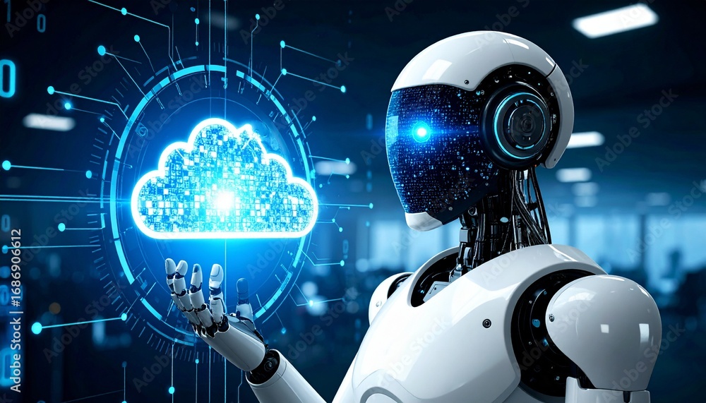 Aufkleber a futuristic robot presenting cloud computing technology with a bright blue glowing cloud icon, symb