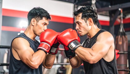 Two determined boxers face each other in the ring, gloves raised, ready for action. The air is thick with anticipation as they prepare to fight.