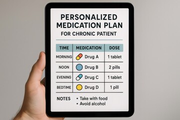 Hand holding tablet displaying personalized medication plan for chronic patient, including time, medication, dose, and notes