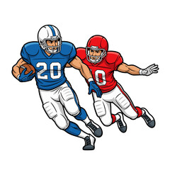 Cartoon illustration of two American football players in action, one running with the ball while being pursued.