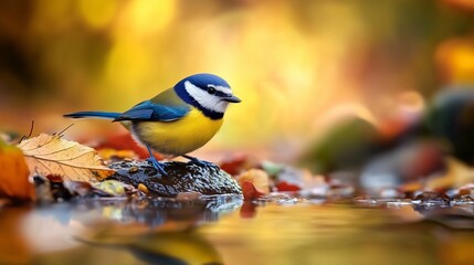 Blue tit, autumn, , autumn, , , , , , , , , , ,. Realistic video of tit and blue tit birds in autumn. A pond with a serene and a vibrant feathers. "blue tit, fall, fall, water, water. Lifestyle.