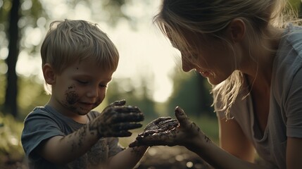 Mother and son playing in the dirt. A mother and son snorting a video of their son. Hands and feet playing in the dirt outdoors. A mother and her son are playing in the soil lifestyle.