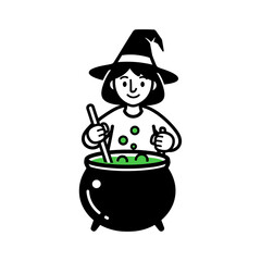 Cartoon witch stirring a bubbling green potion in a black cauldron, wearing a pointed hat.