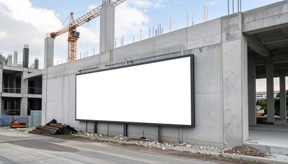 Obraz premium A large blank billboard stands prominently on the side of a building under construction, offering ample space for advertising