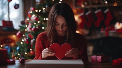Woman holding red heart. Realistic woman hands and heart on a video of christmas. Tree ornaments in a field of shallow depth. A woman grasping a crimson lifestyle heart.