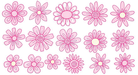 Fototapeta premium Hand-drawn set of cute pink flowers in various shapes and doodle styles, perfect for whimsical and charming spring or floral designs on a transparent background