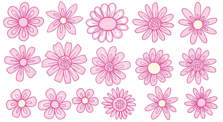 Hand-drawn set of cute pink flowers in various shapes and doodle styles, perfect for whimsical and charming spring or floral designs on a transparent background