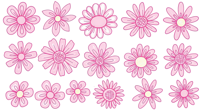 Hand-drawn set of cute pink flowers in various shapes and doodle styles, perfect for whimsical and charming spring or floral designs on a transparent background