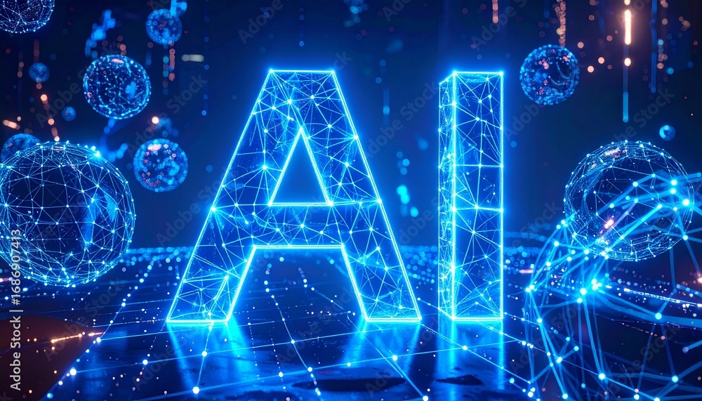 Aufkleber futuristic representation of ai technology with glowing letters, surrounded by abstract digital elem