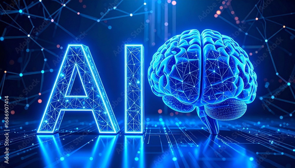 Poster a digital representation of artificial intelligence with a brain and ai text in a high-tech environm