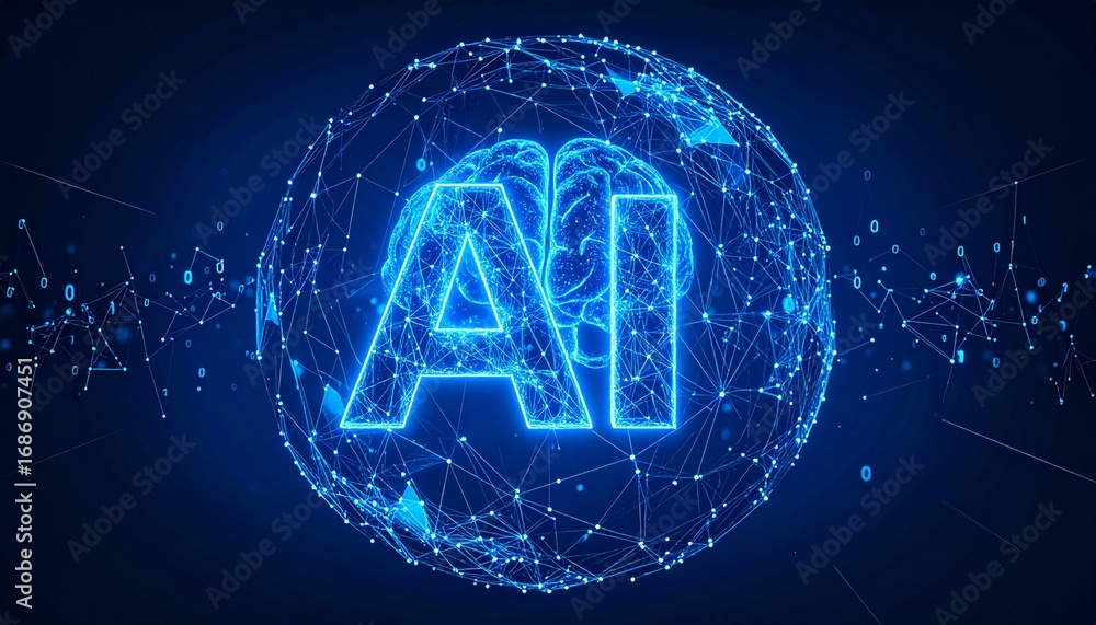 Poster futuristic artificial intelligence (ai) represented by a glowing ai symbol within a digital sphere. 