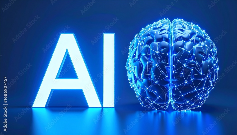 Poster the ai symbol next to brain model to present idea of artificial intelligence