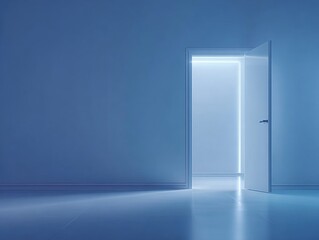 A partially open door emitting a bright light in an empty blue room