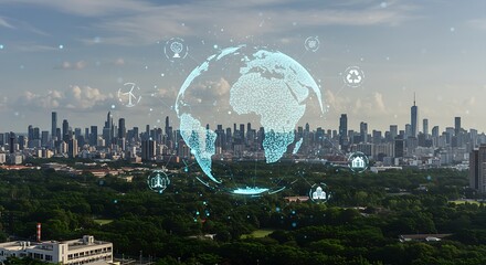 Digital world map with environmental icons hovering above a beautiful city and green foliage