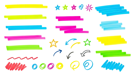 Hand drawn neon color highlighter strokes and doodle elements isolated on a clean transparent background