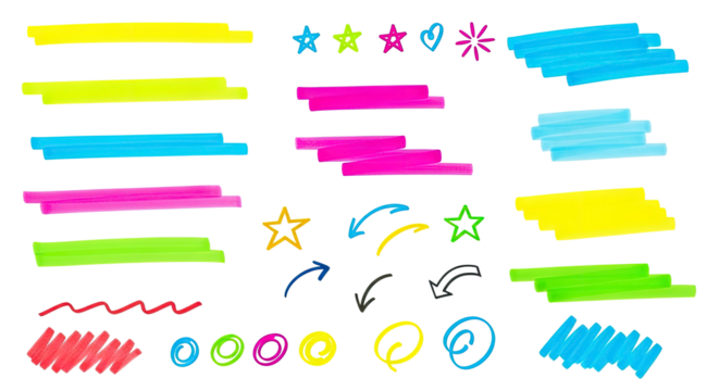 Hand drawn neon color highlighter strokes and doodle elements isolated on a clean transparent background