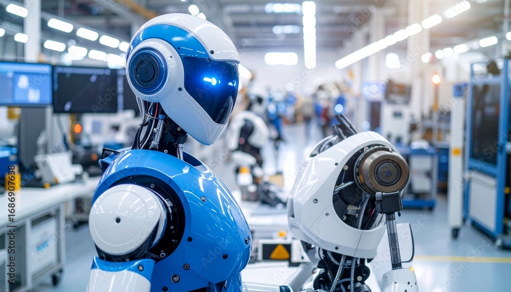 Poster robots in a high-tech industrial setting, with intricate details and advanced technology. the robots
