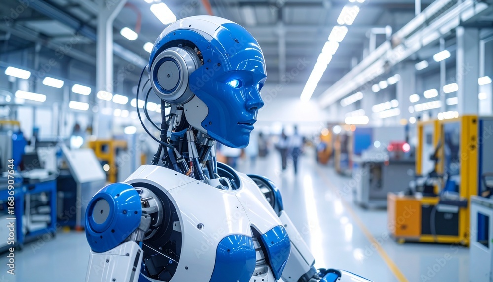 Poster a sophisticated robot in a modern industrial setting, showcasing the future of technology and automa