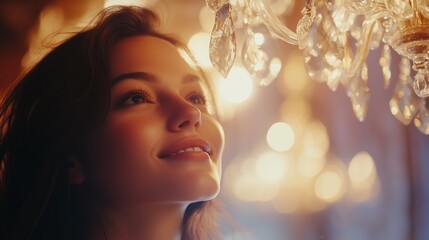 Woman looking up at chandelier. Woman smiling in video of chandelier with a warm smile. A field of field with sparkling depth and brilliance. A woman gazing at lifestyle a chandelier.
