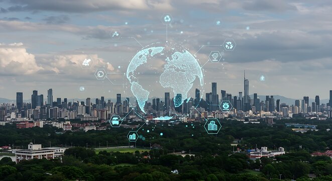 Holographic globe with sustainability icons floating over a futuristic cityscape blending technology with nature - Powered by Adobe