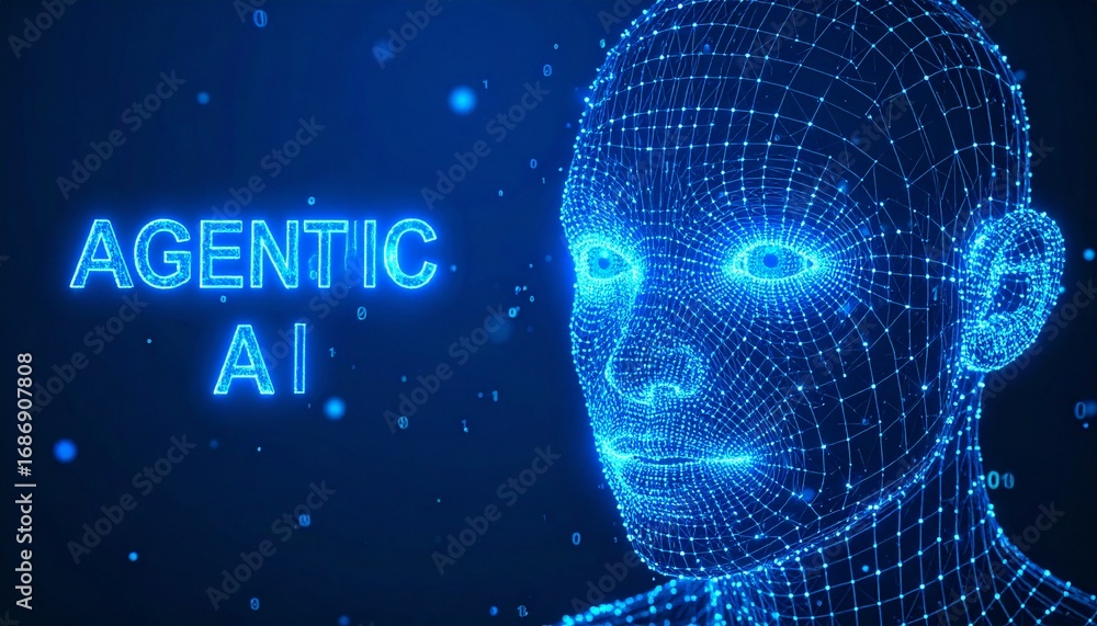 Poster a futuristic digital rendering of a human face, representing agentic ai and its advanced capabilitie