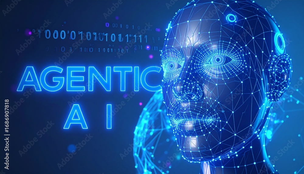 Poster a captivating digital art illustration of a robotic face with glowing lights, representing artificia