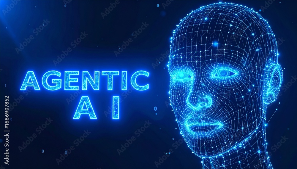Aufkleber the futuristic ai agent with the words agentic ai on the top-left side. the image features a glowing