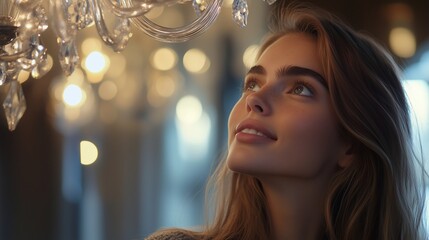 Woman looking up at chandelier. Woman smiling in video of chandelier with a warm smile. A field of field with sparkling depth and brilliance. A woman gazing lifestyle at a chandelier.