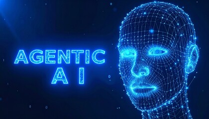 The futuristic AI agent with the words AGENTIC AI on the top-left side. The image features a glowing blue head