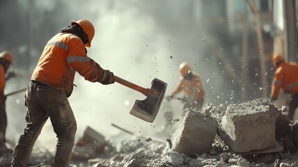 Group of people are digging up dirt road. Realistic video of workers hammering construction site. A dismantling field with a large stone structure and sound structures. A group of lifestyle.