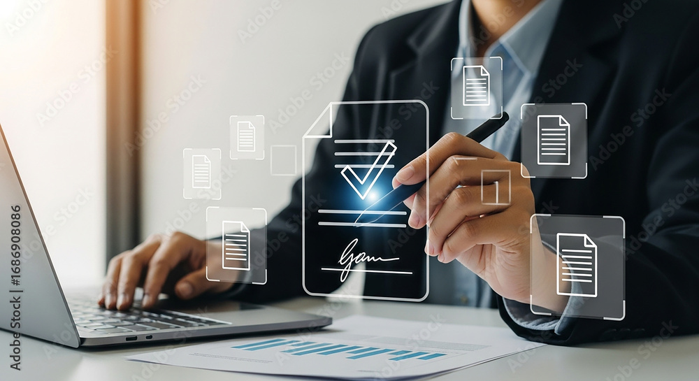 Poster digital agreement process with electronic signature and document workflow automation using a laptop 