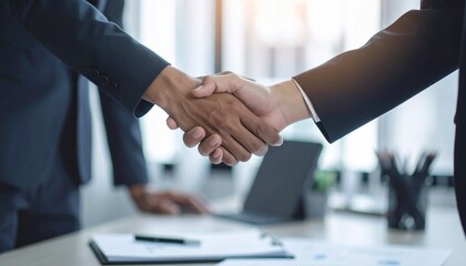 Close-up of a handshake symbolizes agreement and collaboration in a professional office setting