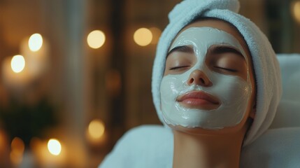 Woman with a facial mask. Realistic girl with facial mask in a spa video. Field of relaxation with a shallow pampering of the field. Female wearing a facial mask lifestyle.