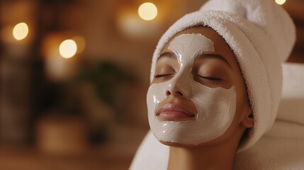 Woman with a facial mask. Realistic girl with facial mask in a spa video. Field of relaxation with a shallow pampering of the field. Female wearing a facial lifestyle mask.