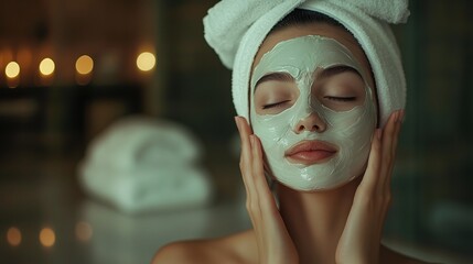 Woman with a facial mask. Realistic girl with facial mask in a spa video. Field of relaxation with a shallow pampering of the field. Female wearing a lifestyle facial mask.